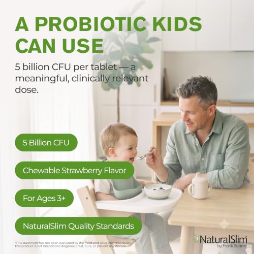 NaturalSlim Kids Probiotics for Digestive & Gut Health, Immune Support, 5 Billion CFU with LGG, BB-12 & 4 Probiotic Strains, 35 mg Calcium, for Children Ages 3+, Strawberry Flavor, 60 Chewable Tablets - Image 5