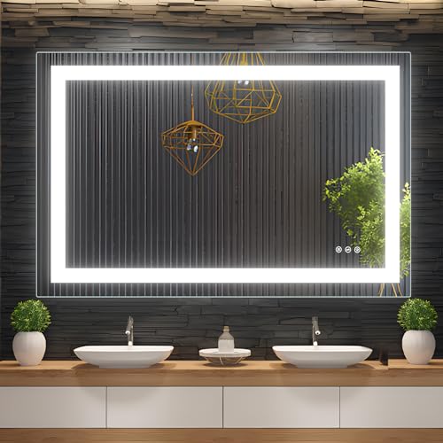 48 * 32 inch LED Bathroom Mirror with Front and Backlight, Stepless Dimmable Wall Mirrors with Anti-Fog, Shatter-Proof, Memory, 3 Colors, Double LED Vanity Mirror