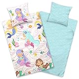 Aminata Kids Bettwäsche Meerjungfrau 135x200 cm + 80x80 cm, Baumwolle, Reißverschluss, Kinderbettwäsche mit Mädchen-Motiv, weich & kuschelig, Unterwasserwelt Krake rosa türkis