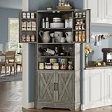 Befrases Corner Cabinet, 67''H Kitchen Pantry Storage Cabinet, 6-Tier Corner Food Pantry Hutch with 4 Barn Doors and Shelves, Tall Farmhouse Furniture for Kitchen Dining Living Room, Grey