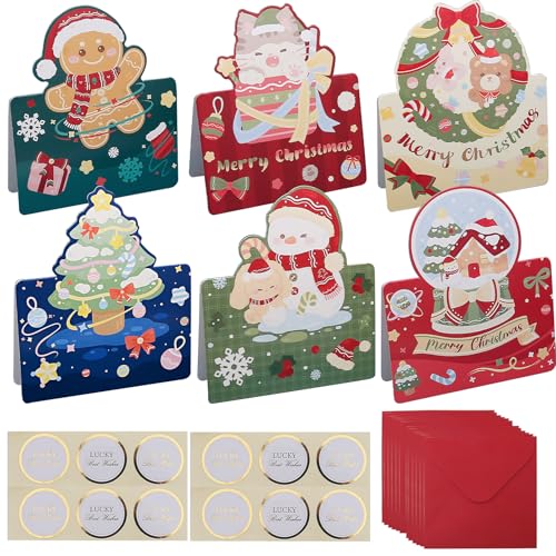 POPOYU 12 Piezas Tarjetas Navidad,6 Estilos Postales Navidad con Sobres Pegatinas,Plegables Tarjetas Navideñas de Mensaje Postales,Felicitaciones Navideñas para Saludos Familia y Amigos