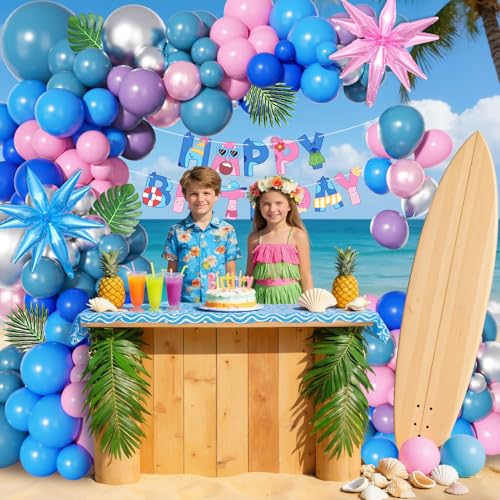 Image of Ouddy Life 160Pcs Pink Blue Purple Balloons Arch Kit, Summer Party Decor | Silver Star Foil Balloon Happy Birthday Banner Palm Leaves for Hawaii Tropical Luau Baby Shower Cartoon Party Decorations