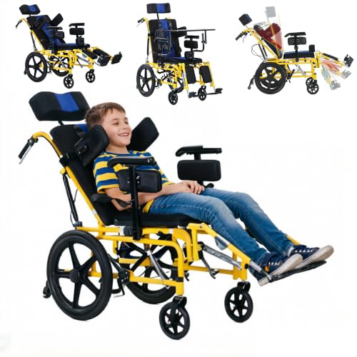Pediatric Full Reclining Wheelchair - Heavy Duty 220 lbs Capacity Folding Kids Wheelchair with Elevating Footrest Headrest & Meal Tray Portable Mobility Aid for Children with Special Needs (Yellow)