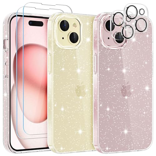 YIRSUR Glitter Clear Case Compatible with iPhone 15 Plus with 2 Pack Screen Protector with 2 Pack Camera Lens Protector
