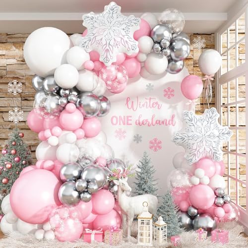 Pink White Winter Wonderland Decorations Balloon Arch Kit Light Pastel Pink Silver Snowflake Foil Balloon Garland Set for Girls Christmas Winter Onederland Baby Shower Ice Snow Birthday Party Decor