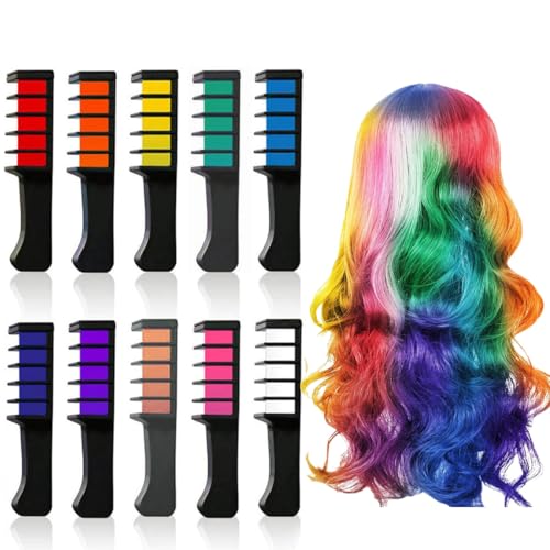 LAJUP 10 Colores Peine De Tiza Para El Pelo,Tiza Temporal Lavable Set,Peines Con Tizas Para El Pelo Para Halloween,Diy Regalos Fiesta