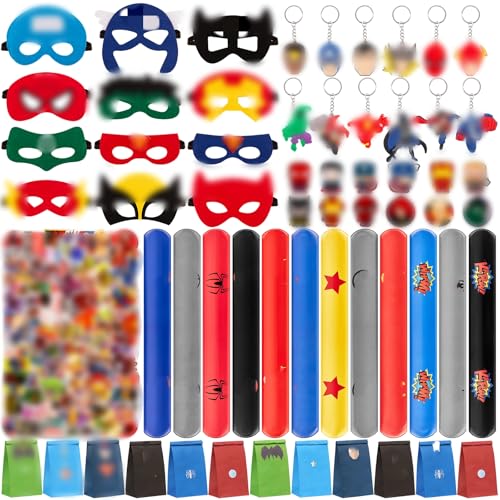 Heartsking 110 Pcs Superhero Party Bag Fillers for Kids Pinata Slap Bands Stickers Masks Party Bags Key Rings Shoe Charms Theme Birthday Gifts for Boys Girls