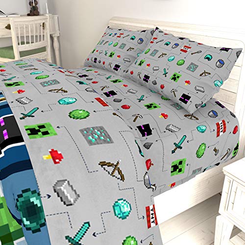 Image of Jay Franco Kids Sheet Set with Fitted, Flat Sheets & Pillow Cover - Ultra-Soft Bedding with Pillowcase for Room Decor, Gray - Minecraft, 4 Piece Full