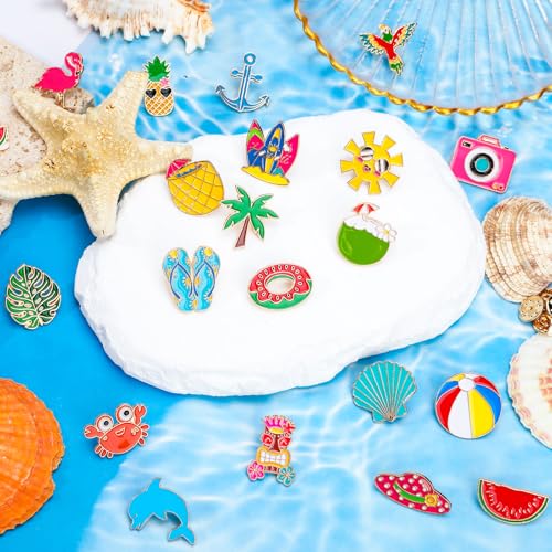 Image of SANNIX 60Pcs Summer Enamel Pins, Bulk Hawaiian Lapel Pins for Backpacks, Cartoon Watermelon Surfboard Coconut Tree Brooch Pins Beach Button Badges for Clothes Bags Hats Accessories, 30 Styles