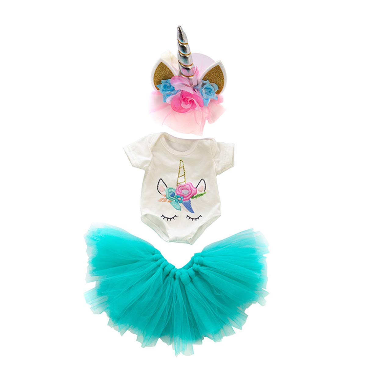 HiHivia Baby Doll Unicorn Outfit Print Bodysuit Tulle Skirt and Unicorn Headband for American Girl Doll & Other 18 Inch Girl Toy Dolls