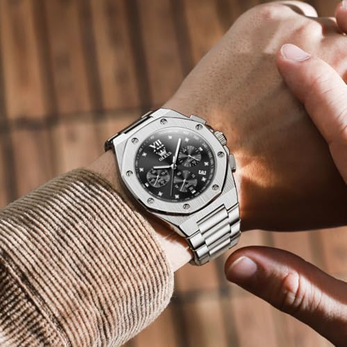 OLEVS Mens Silver Watch Multifunctional Chronograph Dial Stainless Steel Watches for Mens Cool Roman Numerals Silver and Black Men Metal Watches Water Resistance Quartz Man Formal Watch Reloj Men - image 3