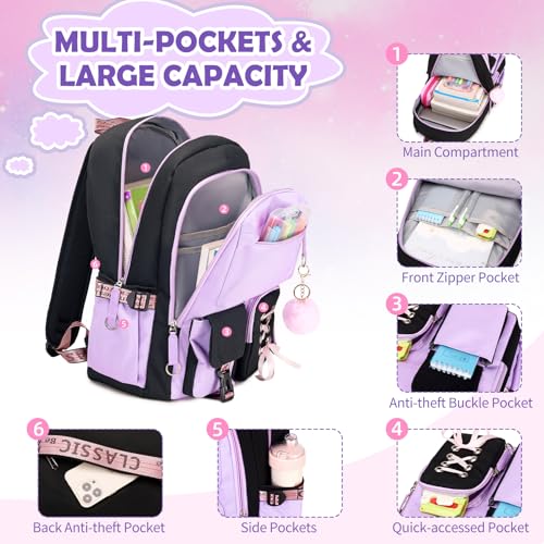 Kids School Backpack for Girls, 4-In-1 Bookbag Backpack Daypack Set with 43OZ Bento Lunch Box, Lunch Bag for Girls Kids Teen Elementary Middle School Student, Girl Backpacks for Schools3