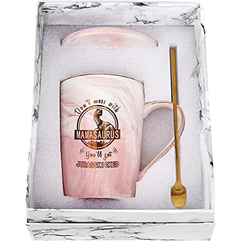 Don't Mess with Mamasaurus You'll Get Jurasskicked Mug Mamasaurus Cup Birthday Mothers Day Christmas Gifts for Mom from Daughter Kids Son Mom Coffee Mug Mom Gifts 14 Ounce Gift Box Pink Cover