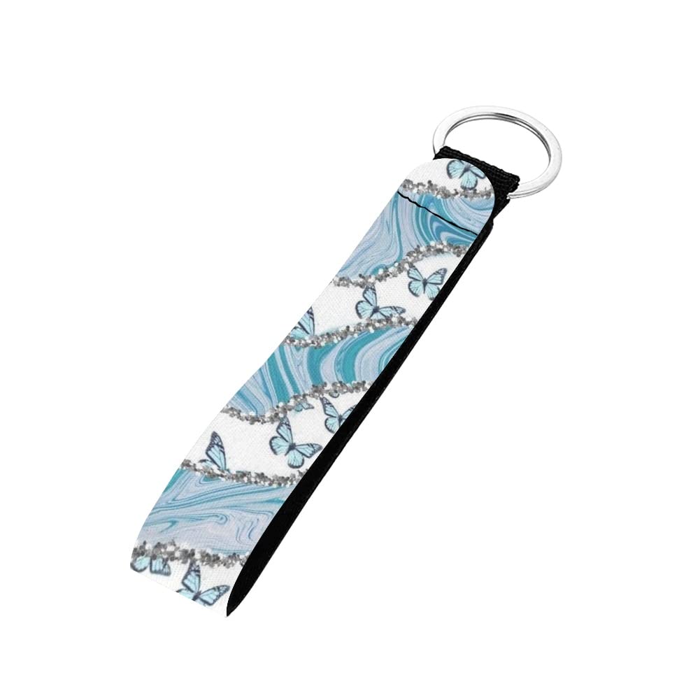 Jeiento Unisex Kids Blue Butterfly Wristlet Keychain Lanyard, Hand Wrist Lanyard Keychain For Girls/Women