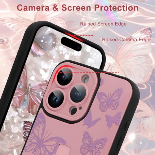 Image of for iPhone 15 Pro Max Case with Finger Strap Holder, Cute Cool Butterfly Print Pattern Design for Women Girls, Shockproof Anti Scratch Hand Kickstand Protective Cover, Pink