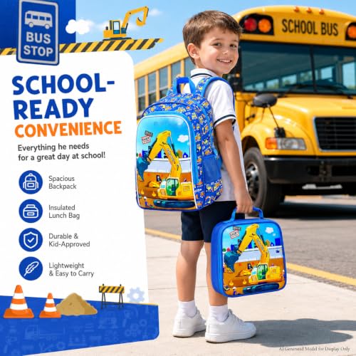 Image of HPJGD 3PCS Excavator Backpack for Boys, Water Resistant Kids Digger Bookbag Set with Lunch Box, Cute School Bag for Preschool Toddler
