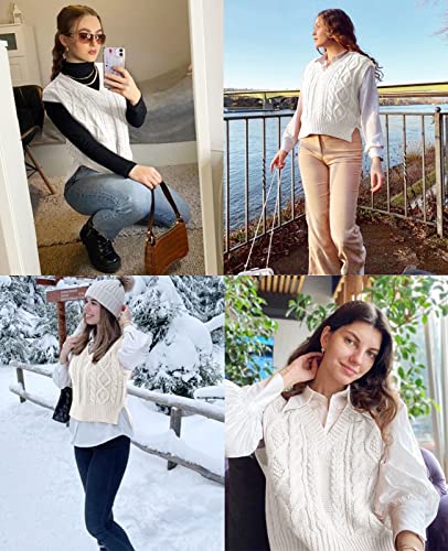 Sweater Vest For Women V Neck Sleeveless Knit Solid Casual Ribbed Preppy Pullover Tops White #TOP1