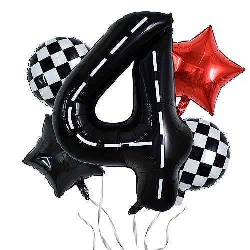Image of TONIFUL 40 Inch Race Car 4th Birthday Balloons Racetrack Number 4 Black & White Checkered Balloons Boys Car Themed Birthday Party Decor
