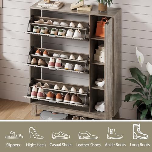 Image of Shoe Cabinet Storage for Entryway with 3 Flip Drawers & Side Cabinet, Fluted Narrow Shoe Organizer with Wooden Leg, Freestanding Shoe Storage Hidden Shoe Rack Organizer for Front Door Entrance, Grey