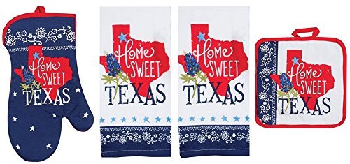 Kay DeeHome Sweet Texas Premium 4-Piece Kitchen Linen Set. Two Decorative Tea Towels, Oven Mitt, & Pot Holder. Red White & Blue Lone Star and Bluebonnet Pattern. 100% Cotton. Great Gift!