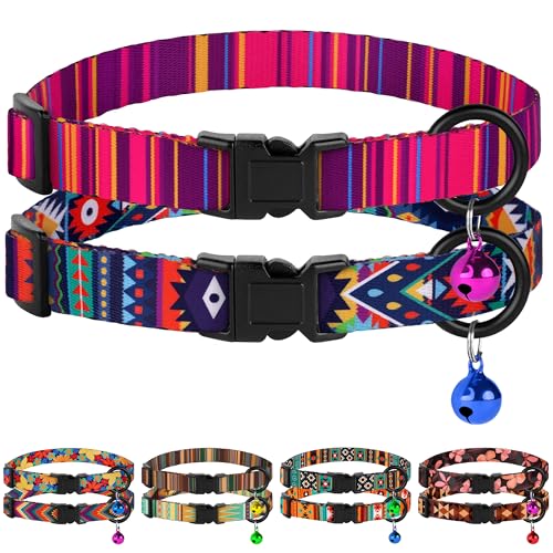 Cat Collars 2 Pack - Soft Cute Breakaway Collar with Bell, Adjustable Safety Kitten Collars for Girl & Boy Cats – Comfortable Stylish Patterned Print Lightweight (Ethnic + Striped)