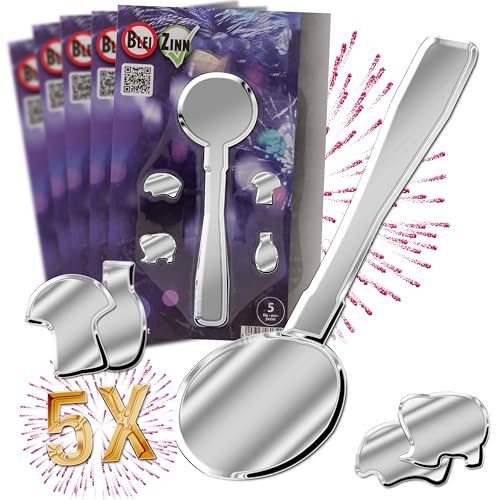 XXL Zinngießen Set Silvester - 5 Löffel, 20 Figuren | Bis 5 Personen für Familie Erwachsene Kinder | Viele Formen, absolut ungiftig als ideale Alternative zu Blei-Gieß Bleigießen Wachsgießen Set