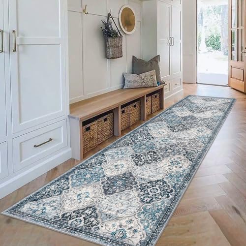 KILOCOCO 2.6x10 Runner Rug, Moroccan Super Soft Washable Hallway Entryway Rug, Accent Print Faux Wool Kitchen Runner 10 Ft Non-Slip Boho Carpet for Laundry Bedroom, Blue/Multi
