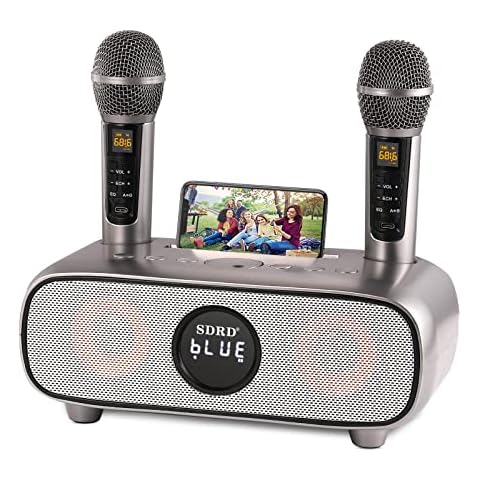 Karaoke Maschine,Bluetooth Karaoke Anlage für Erwachsene und Kinder, Tragbares PA-System mit 2 Mikrofonen,Lautsprecher mit Handyhalter/USB/TF-Karte/AUX-In,für Heimparty,Picknick,Outdoor/Indoor(Grau) Cover