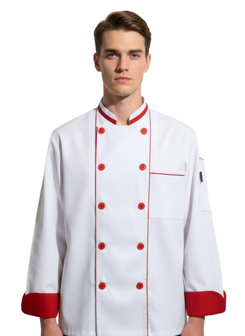 Full Sleeve Solid White Chef Coat With Red Piping-image-26