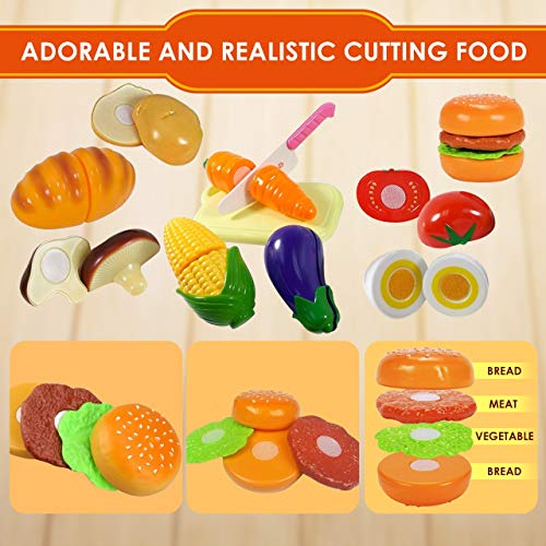 FUNERICA Pretend Play Food Set with Dishes, Cookware, Cuttable Vegetables, Mini Pots, Pans Set, Knife, Cutting Board, Toy Kitchen Accessories Playset Gift for Toddlers, Kids Girls, Boys Preschoolers - Thumbnail 5