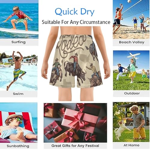 Boy Swim Trunks with Compression Liner Size 7 Retro Rodeo Bulls Kids Swim Shorts Quick Dry Wild Cowboy Bathing Suit with Boxer Brief Liner3