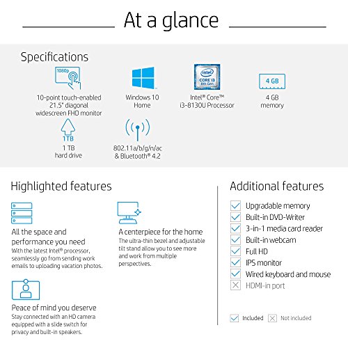 Image of HP 22-Inch All-in-One Computer, Intel Core i3-8130U, 4GB RAM, 1TB Hard Drive, Windows 10 (22-c0030, White)