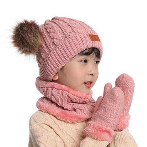 Duoyeree Baby Winter Hat Warm Scarf Gloves Set Pom Knitted Beanie Mitten Scarves For Toddler Girl Boy Pink #TOP2