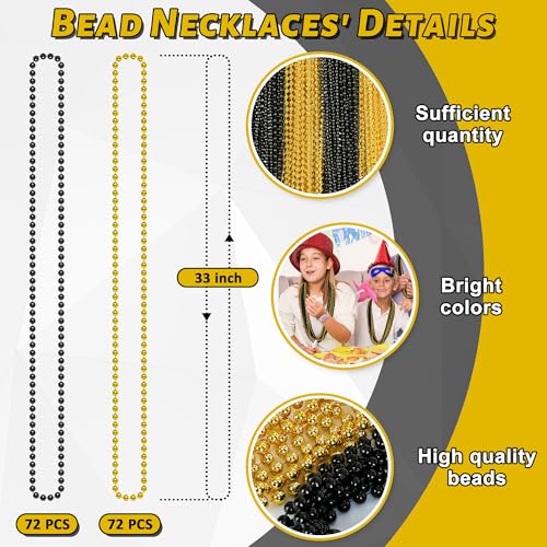 Image of EOBOH 144PCS New Years Eve Bead Necklace, Black Gold Bead Necklace Party Supplies, 33 inch New Years Eve Necklaces Costume Set, Festival Parade Throw for Mardi Gras New Years Celebrations Decorations