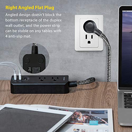 Flat Plug Power Strip With Usb - 2 Outlets 3 Usb Charging Ports(3.1A, 15W), Desktop Charging Station With 5 Ft Braided Extension Cord For Travel Cruise, Home Office, Etl Listed #TOP3