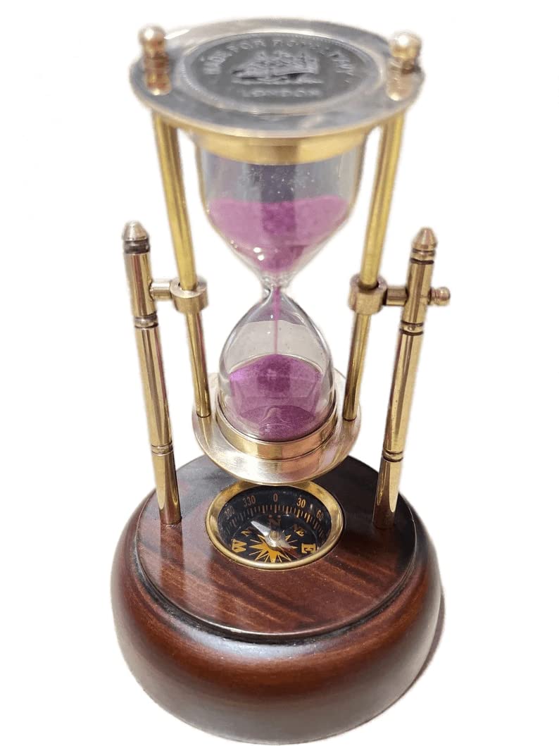 Antique Nautical Brass Sand Timer Hour Glass with Compass Fixed on Wooden Base Pink Color Sand Hour Glass Vintage Sand Timer for Kitchen Exercise Tea Making and Home Décoration Item by AWF PAN Store