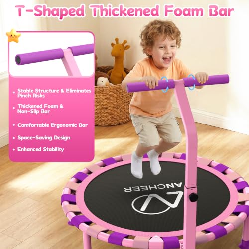 Image of ANCHEER 38 inch Toddler Trampoline for Kids, ASTM Certified Foldable Mini Trampoline with Adjustable Foam Handle, Indoor & Outdoor Kids Trampoline, Quiet Design, 200 LBS Capacity, Easy Assembly