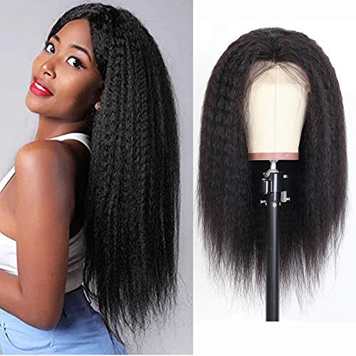 4X4 Lace Front Wig Kinky Straight Wig Human Hair Pre Plucked Bleached Knots Free Part With Baby Hair 130 Density Grade 9A Unprocessed Brazilian Virgin Hair Short Wigs 12 Inch