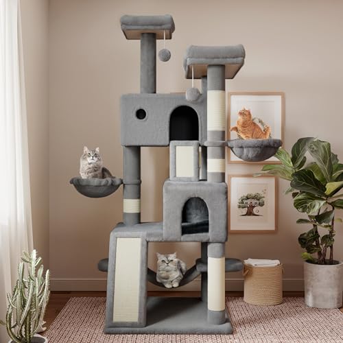 Image of SHA CERLIN 65in Larger Cat Tree Tower Condo for Indoor Kitties /Multi-Level Furniture Activity Center with Wide Base /Cozy Plush Cat Perches /Baskets /Sisal Scratching Posts and Hammock /Grey