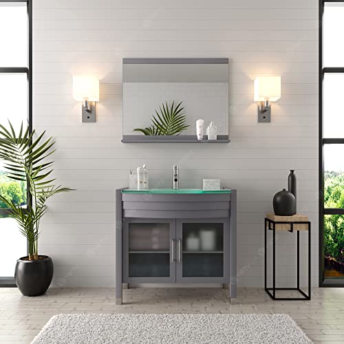 Virtu Usa Um-3071-G-Gr Ava 36" Single Bathroom Vanity With Aqua Tempered Glass Top And Round Sink With Polished Chrome Faucet And Mirror, 36 Inches, Cool Gray #TOP2