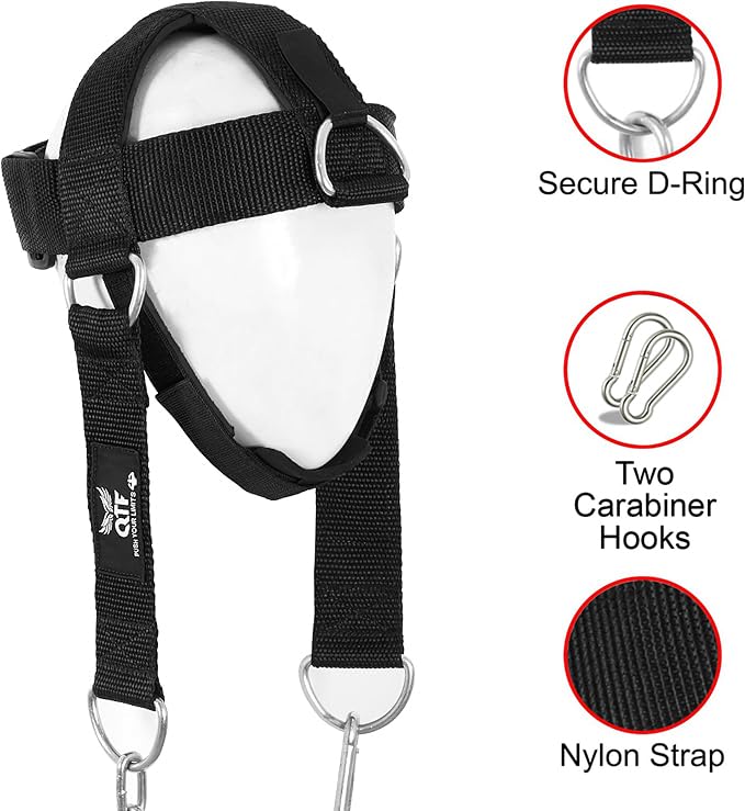 QTF Adjustable Head Harness Dipping Neck Builder with D-Hook Attachment Thick Neoprene Padded Chin & Head Straps Neck Exerciser for Neck Workout Head Harness for Weight Lifting (Black)