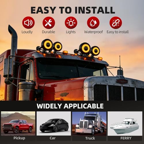 Image of Dual Tone 12V Air Horn Kit with Light Cover, 150DB Super Loud Truck Horn with 2 Compressors,Metal Train Horn for truck,Car,Motorcycle,Boat,SUV,Off-Road Vehicle(2 speakers with button)