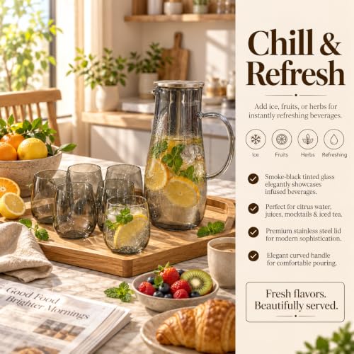 Image of bellemax 1.8 Litre Water Jug with Wooden Lid & 6 Black Juice Glasses Set | Premium Glass Water Jug Set for Home Kitchen | Juice, Water, Cold Drink Serving Set | Stylish Pitcher Set of 7 (BM-14)