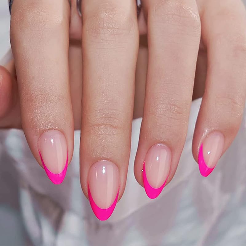 Uñas postizas a presión de color rosa intenso, uñas postizas a presión con punta francesa, uñas adhesivas de almendra para mujer, uñas reutilizables