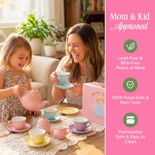 Image of Giggle & Honey Porcelain Tea Party Set for Girls, Pastel Tea Set for Toddlers with Teapot and Cups, Kids Teacup Sets for Little Girl with Carry Case, Birthday Gifts for Girls 3, 4, 5, 6, 7, 8 Years