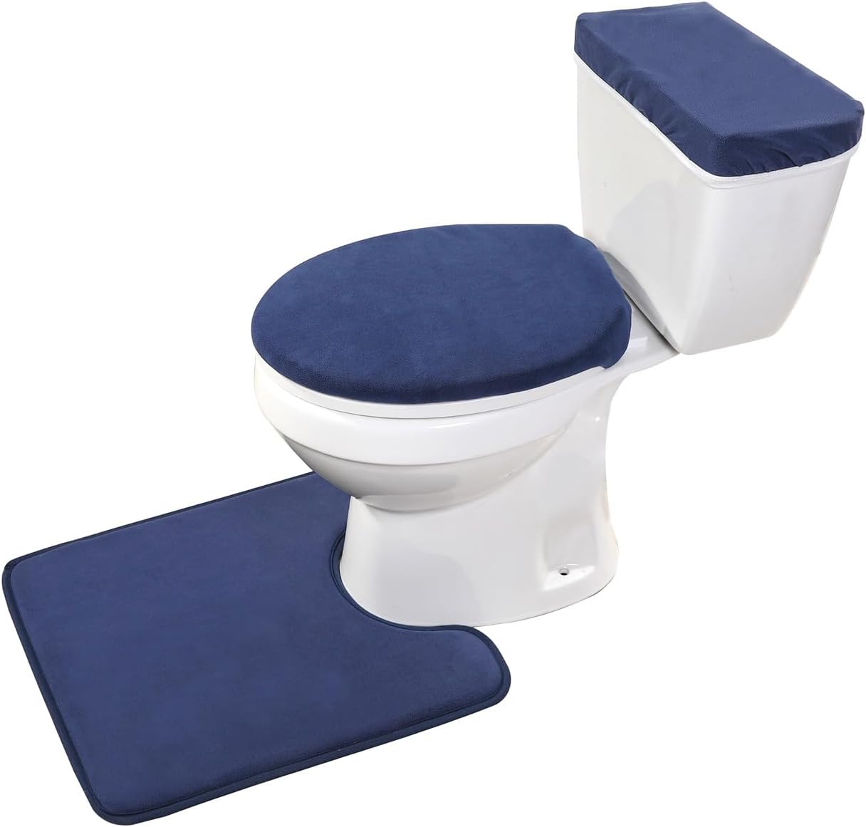 Madeals Memory Foam Toilet Mat and Velvet Toilet lid Cover Set with Toilet Tank Cover Velvet 3 Piece Toilet Set Navy Blue