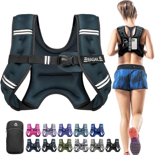 BAGAIL Comfort-Fit Weighted Vest for Woman, Even Weight Distribution, Faster Weight Loss, No-Chafe or Bounce for Walking & Running with Detachable Phone Pouch & Reflective Stripes - 5lb, Steel Blue