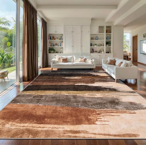 Ciicool Modern Abstract Rug for Living Room, 9x12 Machine Washable Area Rug Non-Slip Rug, Low-Pile Contemporary Indoor Dining Floor Carpet for Bedroom Office Under Table Home Decor Brown Black
