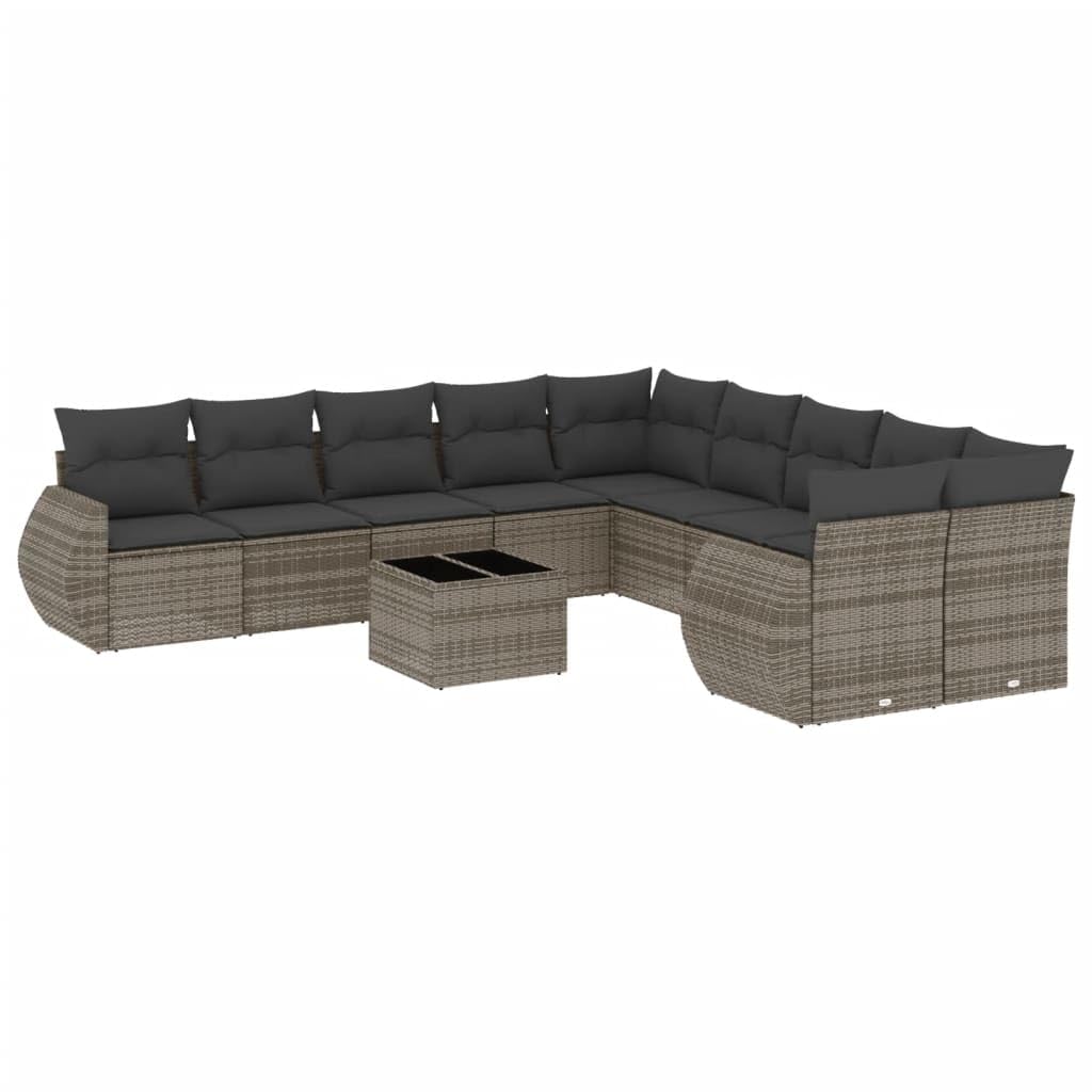 Juego de sofá de jardín con cojines de ratán gris, juego de jardín modular con mesa de cristal y fundas extraíbles para terraza, ratán de polietileno duradero y cómodo