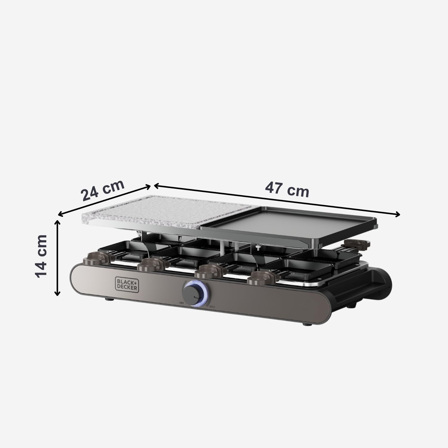 Black+Decker BXFC1400E elektryczny raclette | 1400 W | dla 8 osób | dwustronna płyta grillowa/deska + kamień naturalny | regulowany termostat LED, nieprzywierający, akcesoria w zestawie